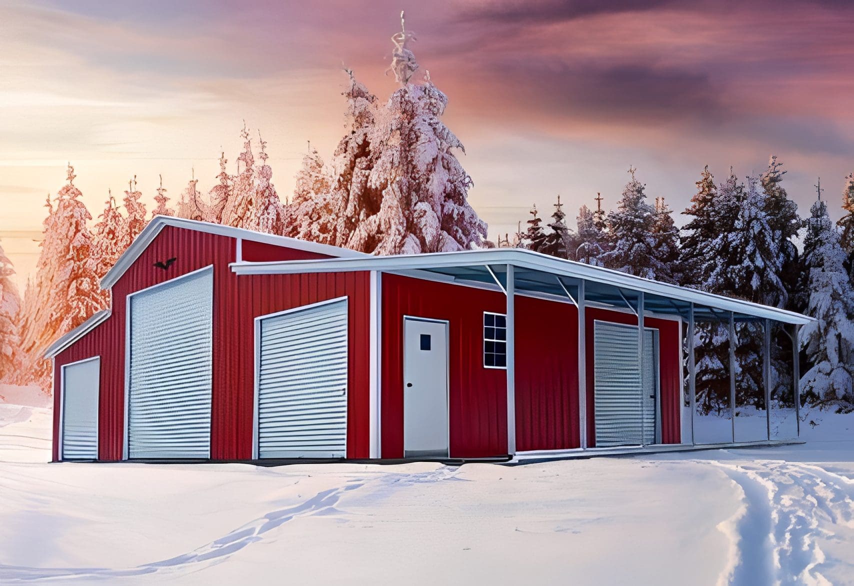 Snow-covered trees and red barn