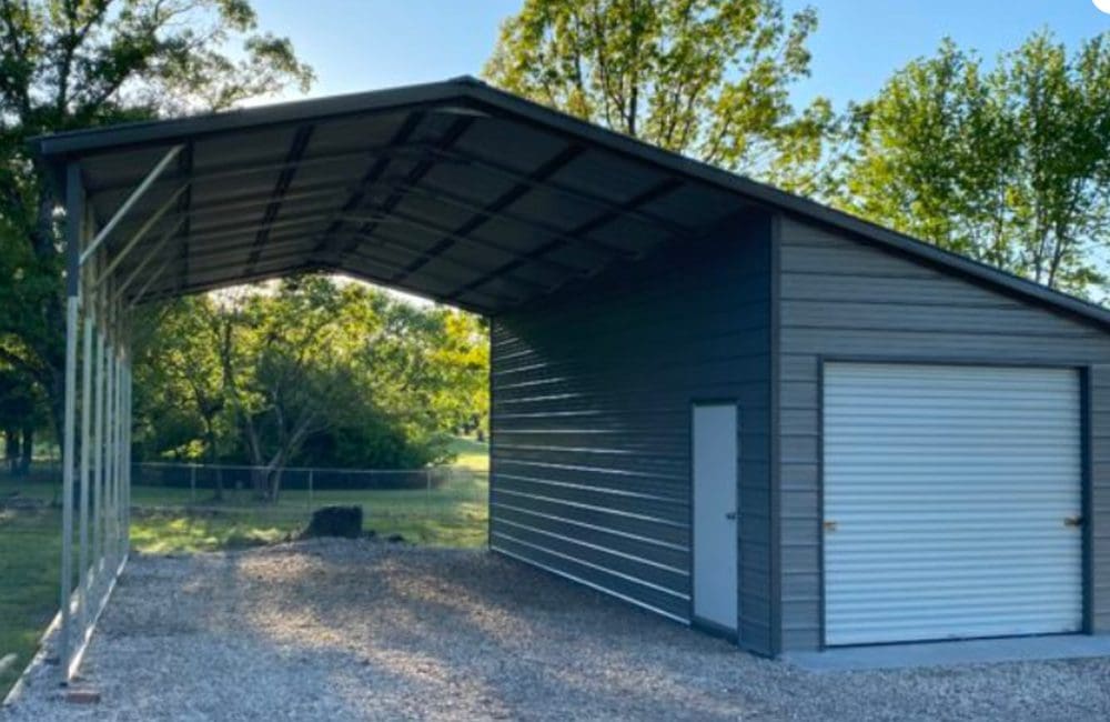 Outdoor metal shelter with garage door