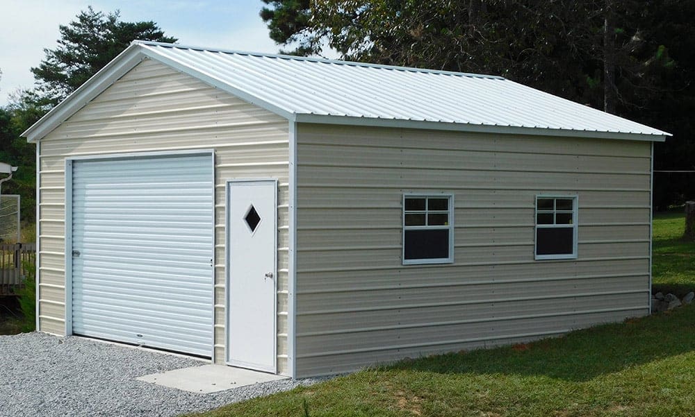 Simple outdoor metal structure with two windows.