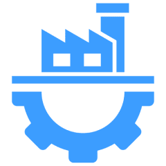 Blue factory emblem with gear design.