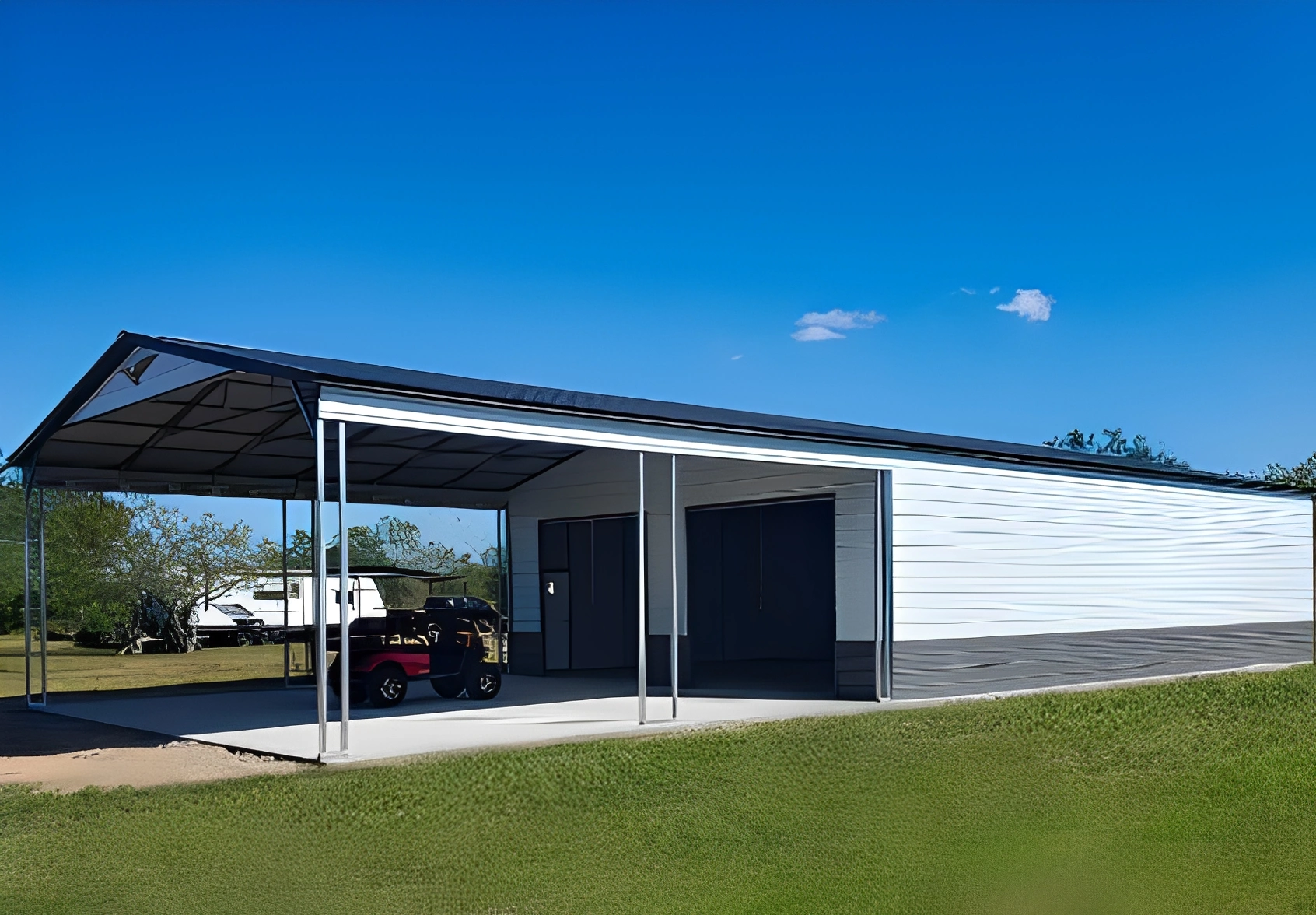 Large carport on grassy field