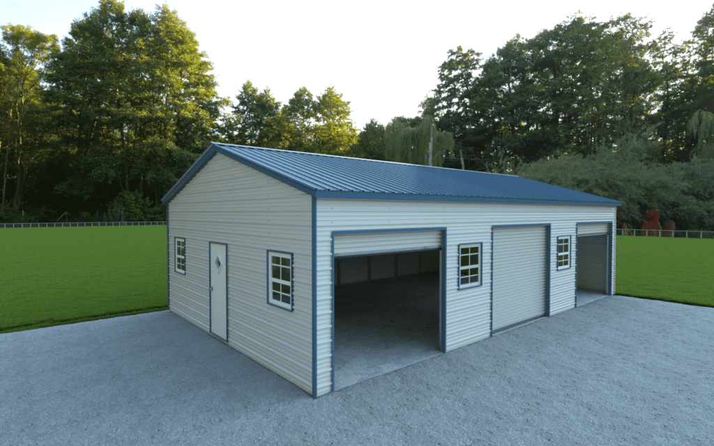 Metal garage with three doors