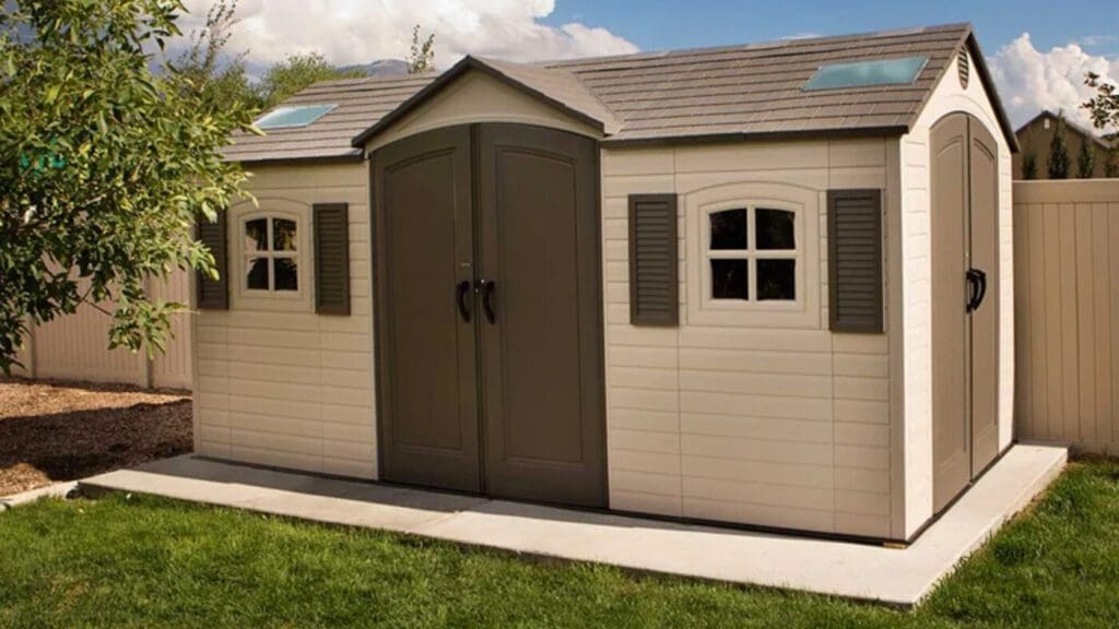 Outdoor storage shed with double doors