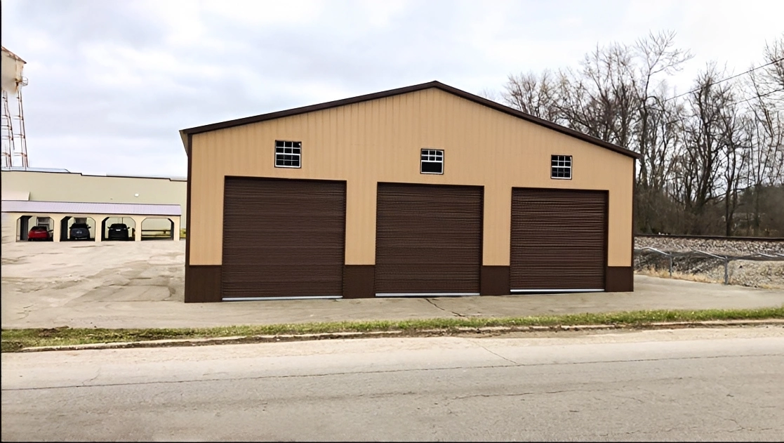 Garage building with three brown doors