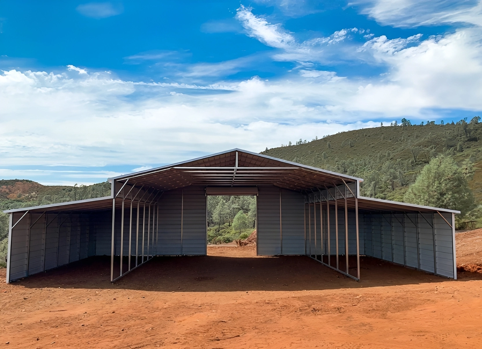 Large agricultural building in open field