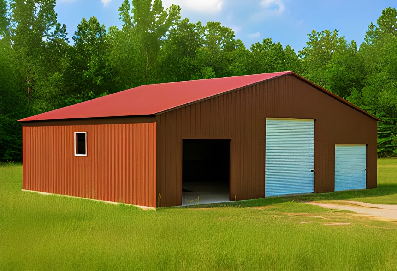 Red-roofed barn in grassy field