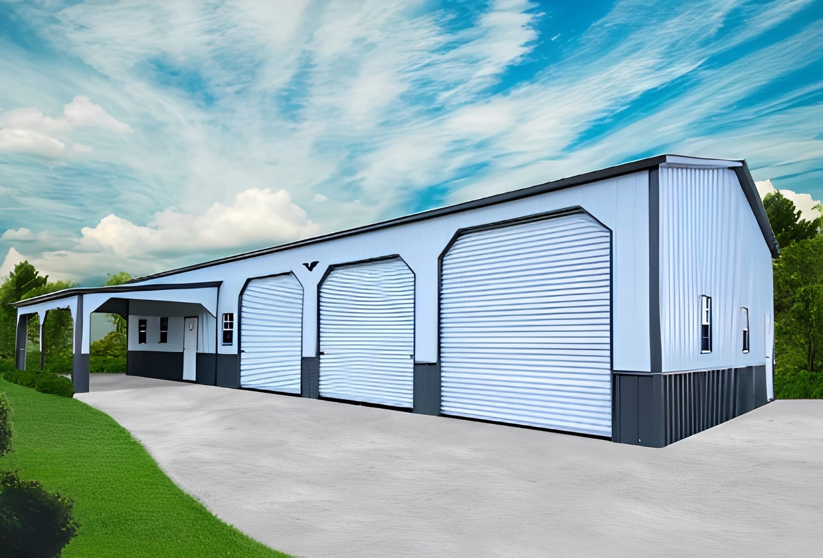 Spacious metal storage shed on concrete driveway