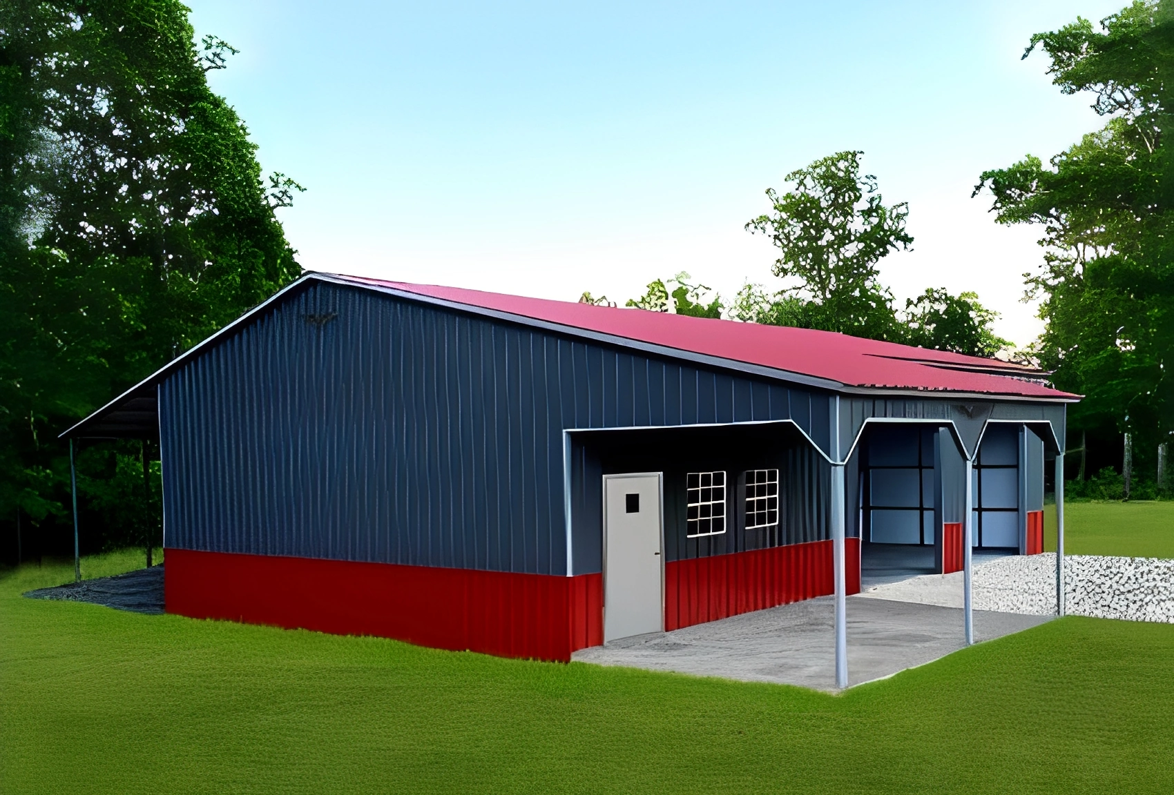 Red and blue metal barn exterior