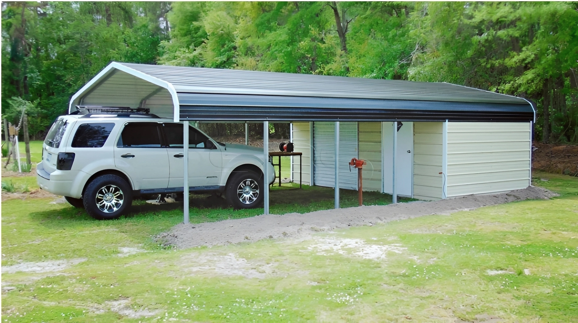 Car parked under metal carport