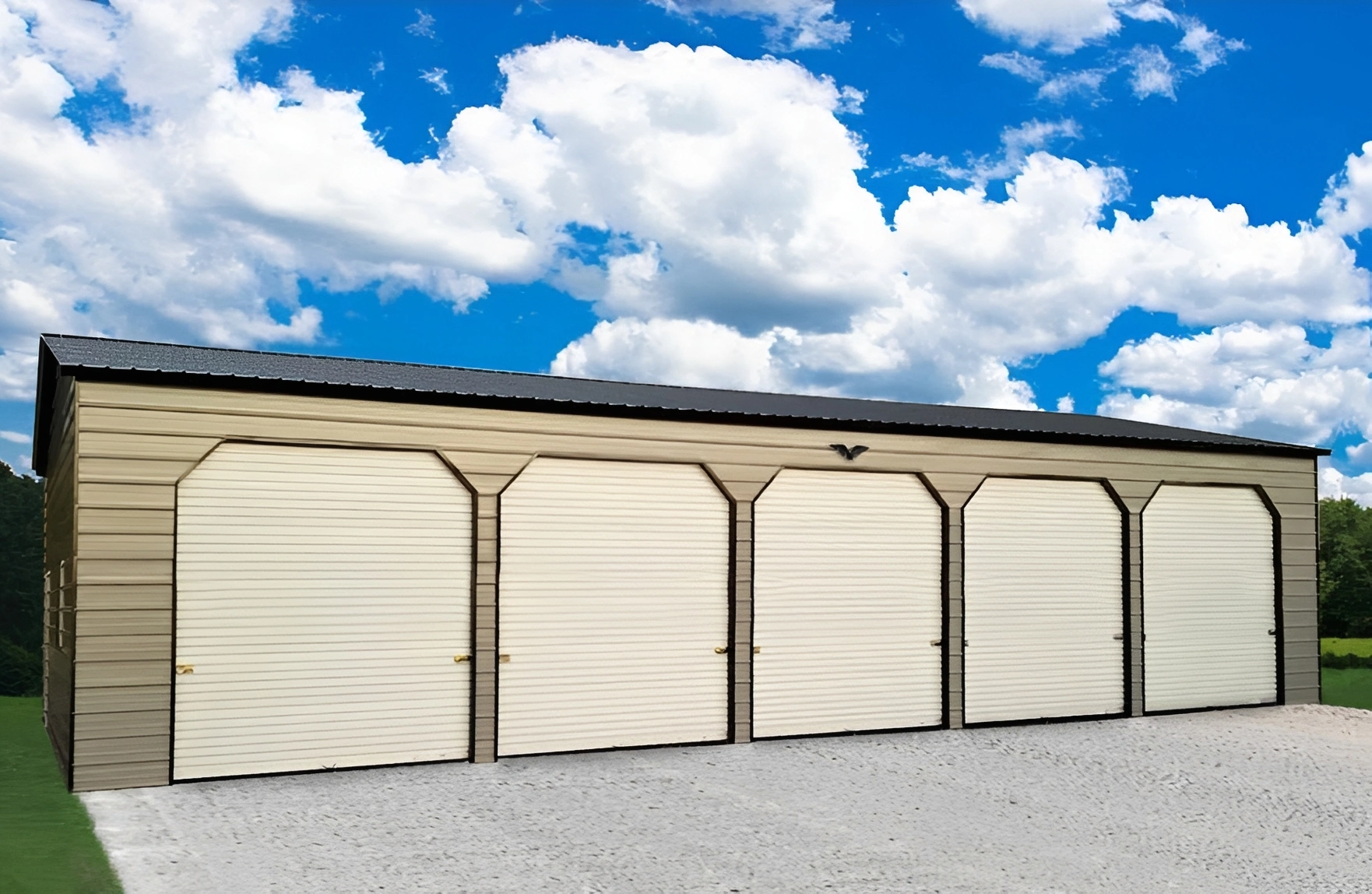 Cloudy sky above multi-door garage