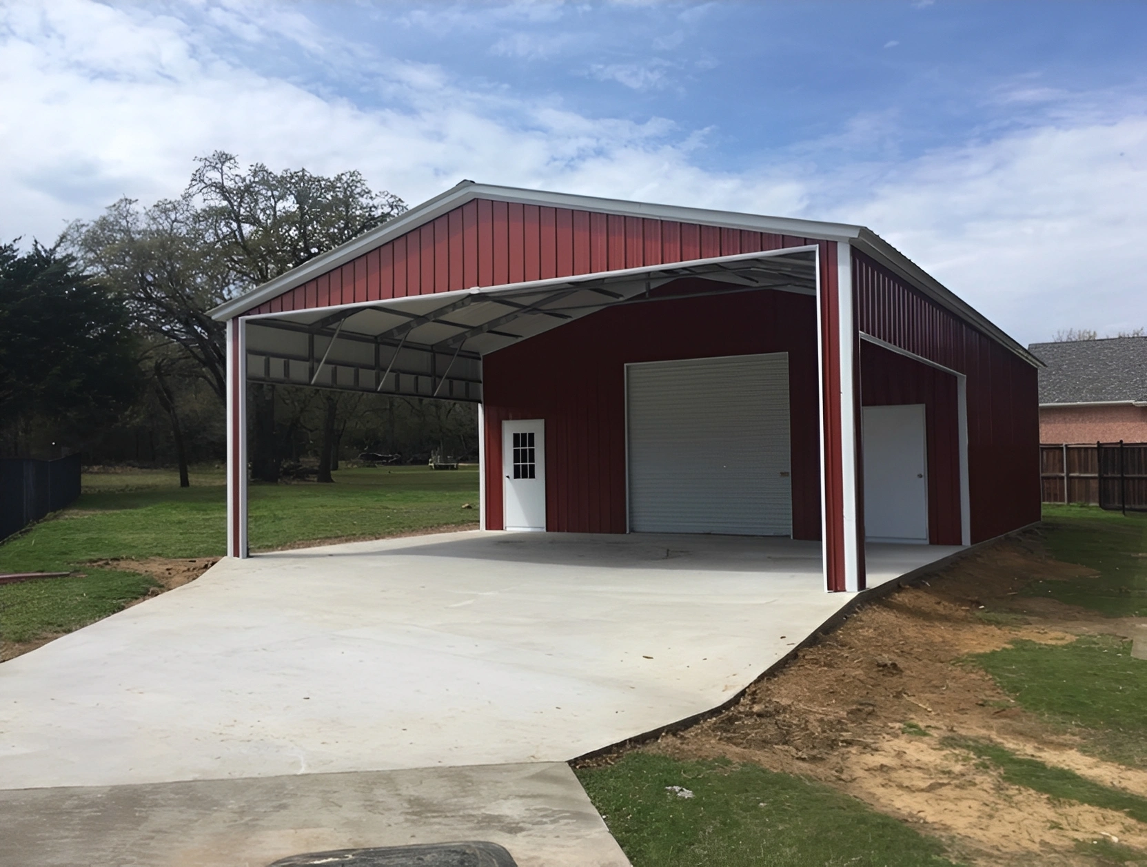 Open-front red metal structure