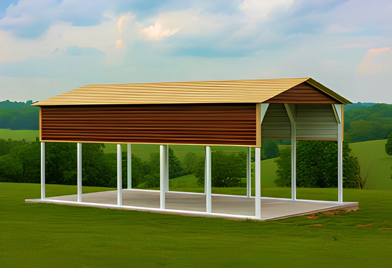 Open-sided shed with metal roof