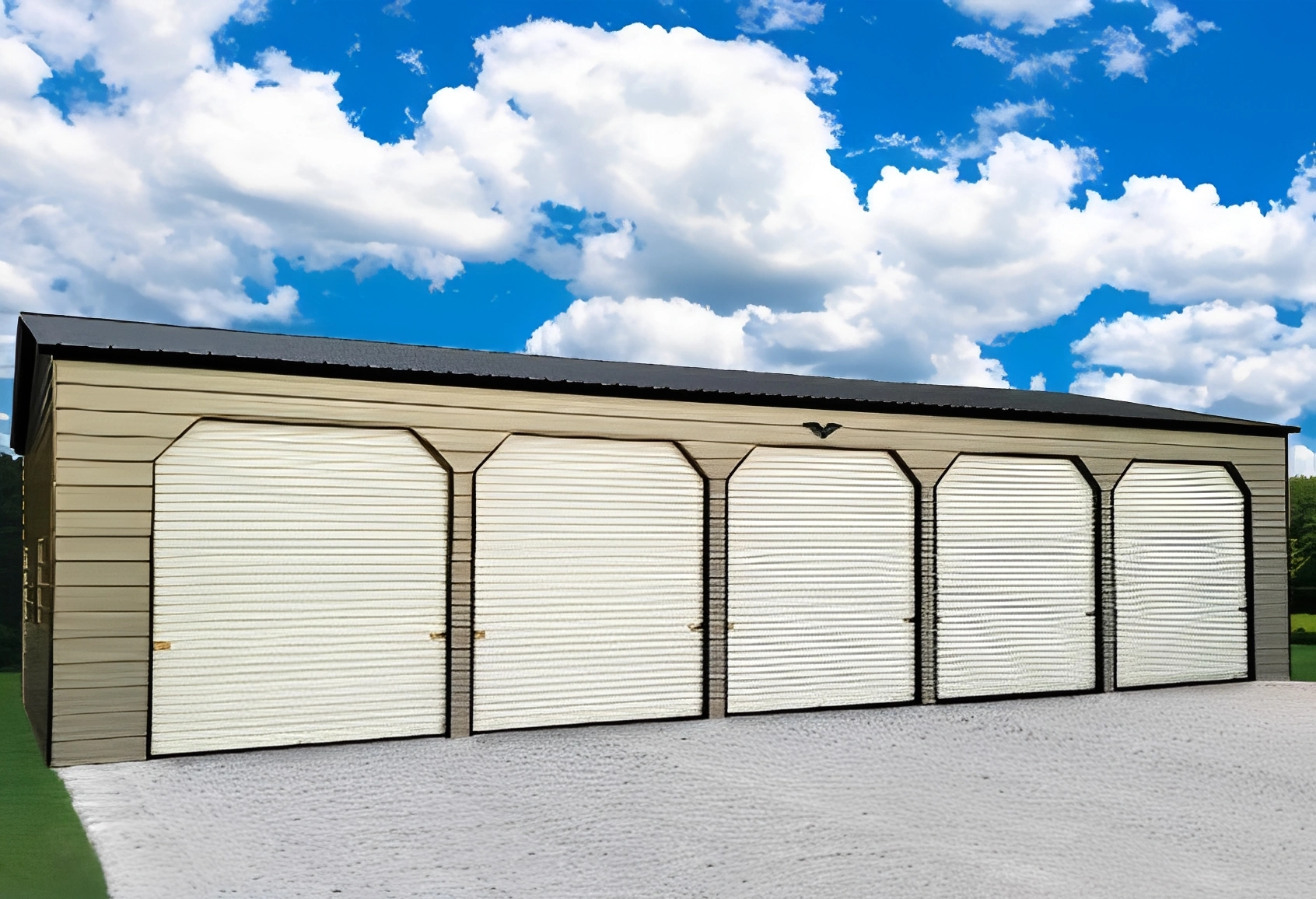 Metal garage with six doors