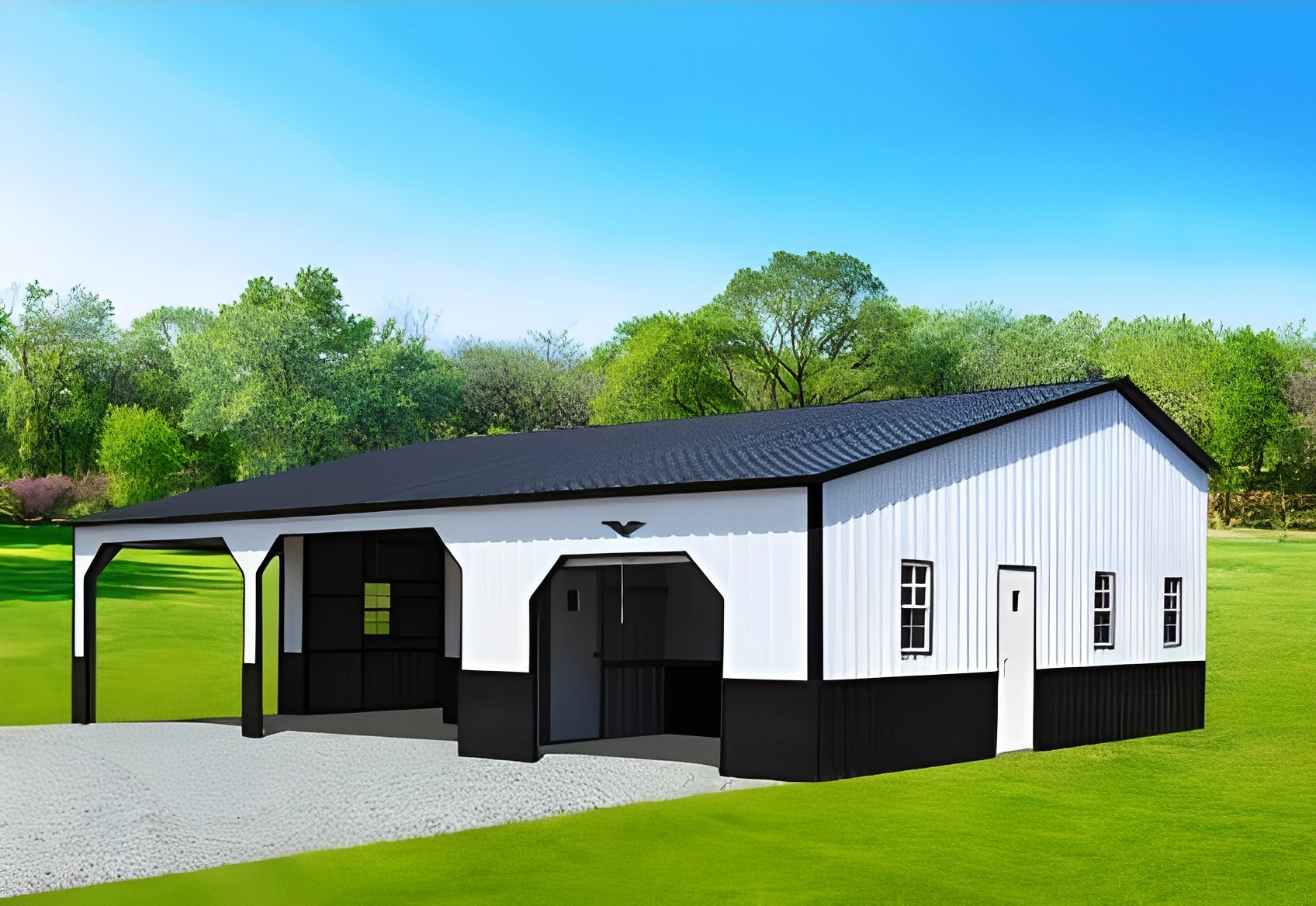 Large garage with open doors and windows