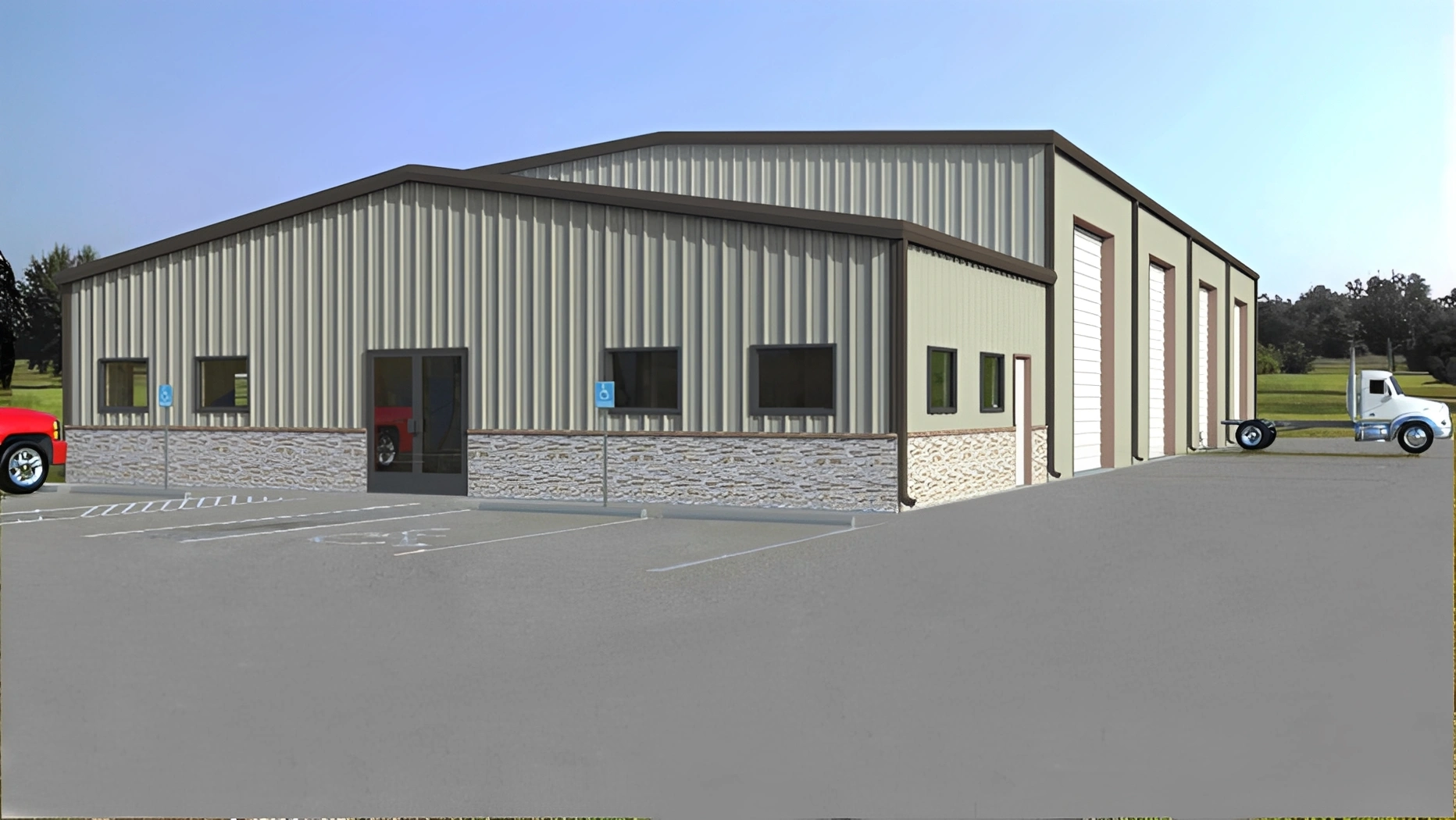 Modern warehouse in rural setting