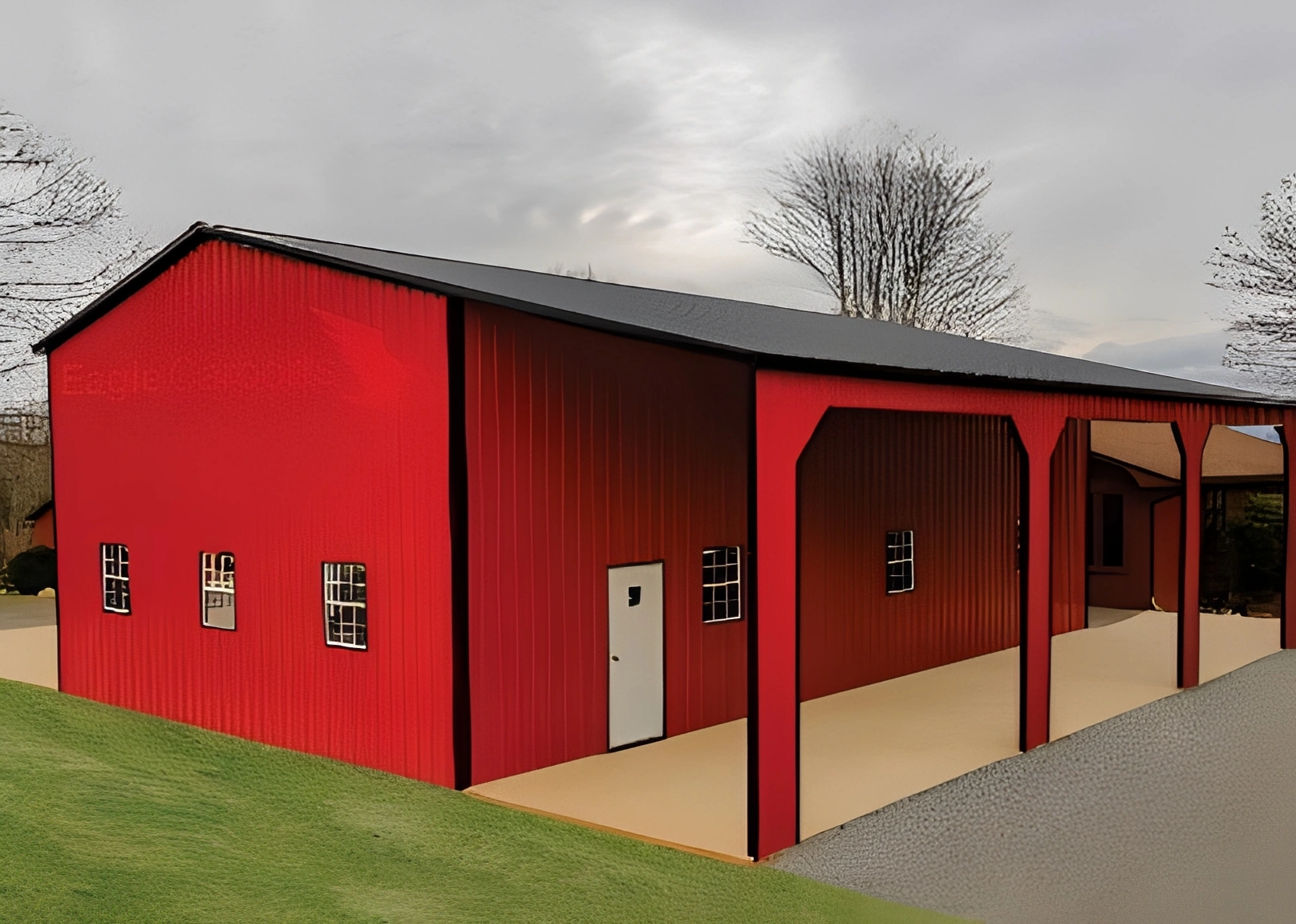 Modern red barn with large awning