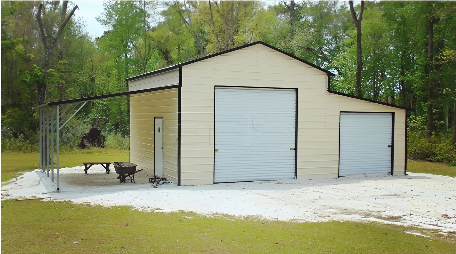 Metal building in wooded area