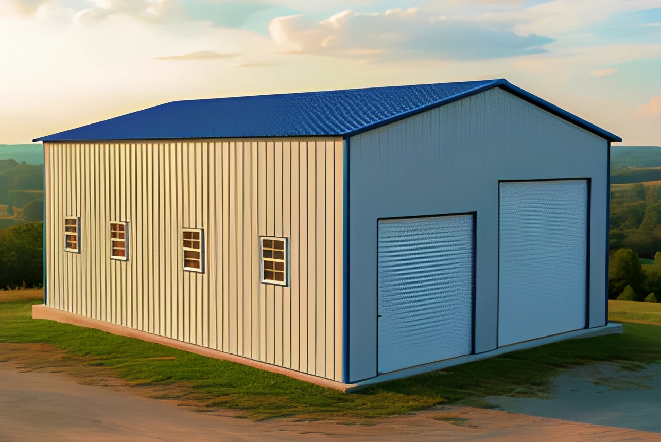 Metal storage building with blue roof