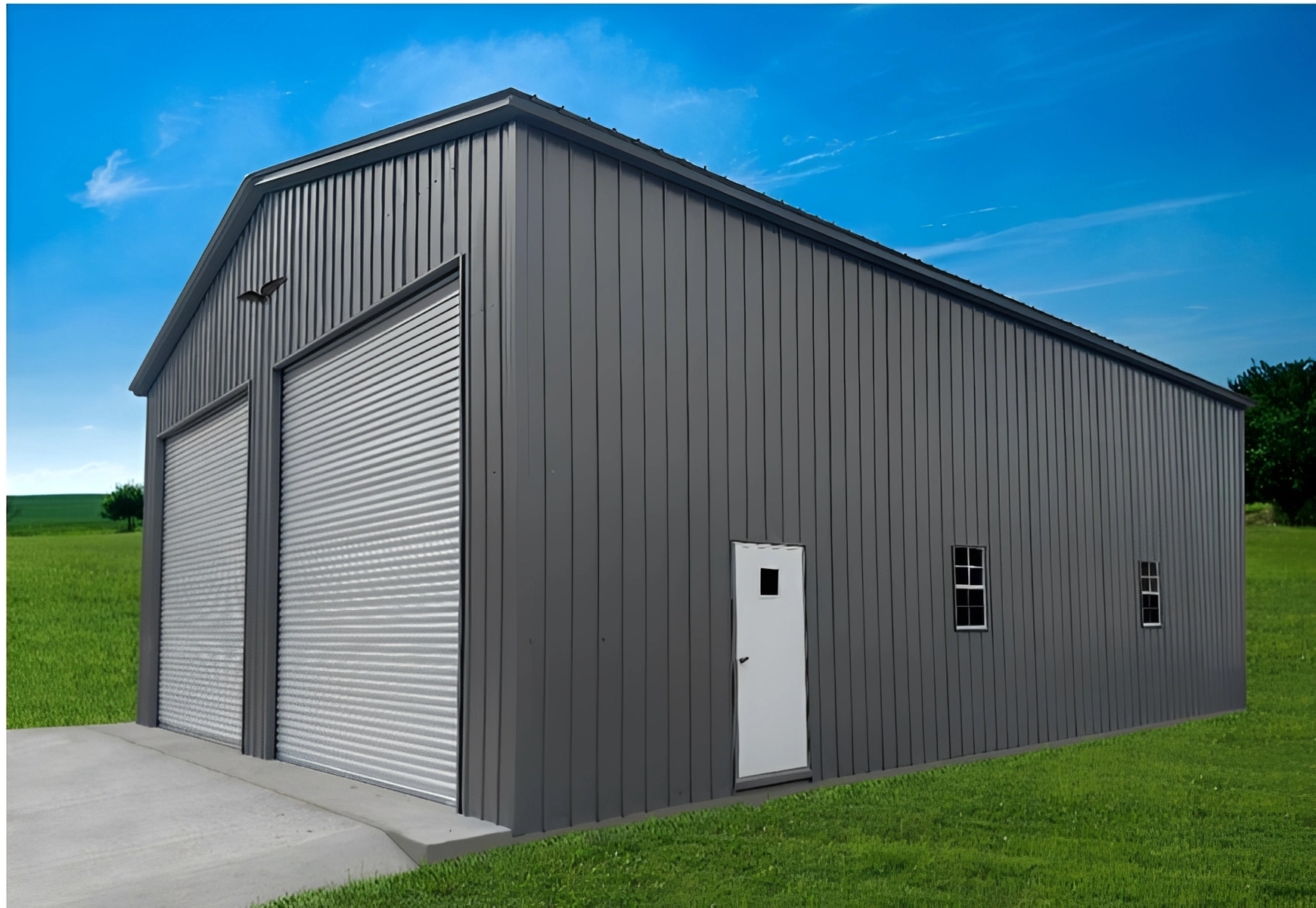 Grey steel building on grassy field