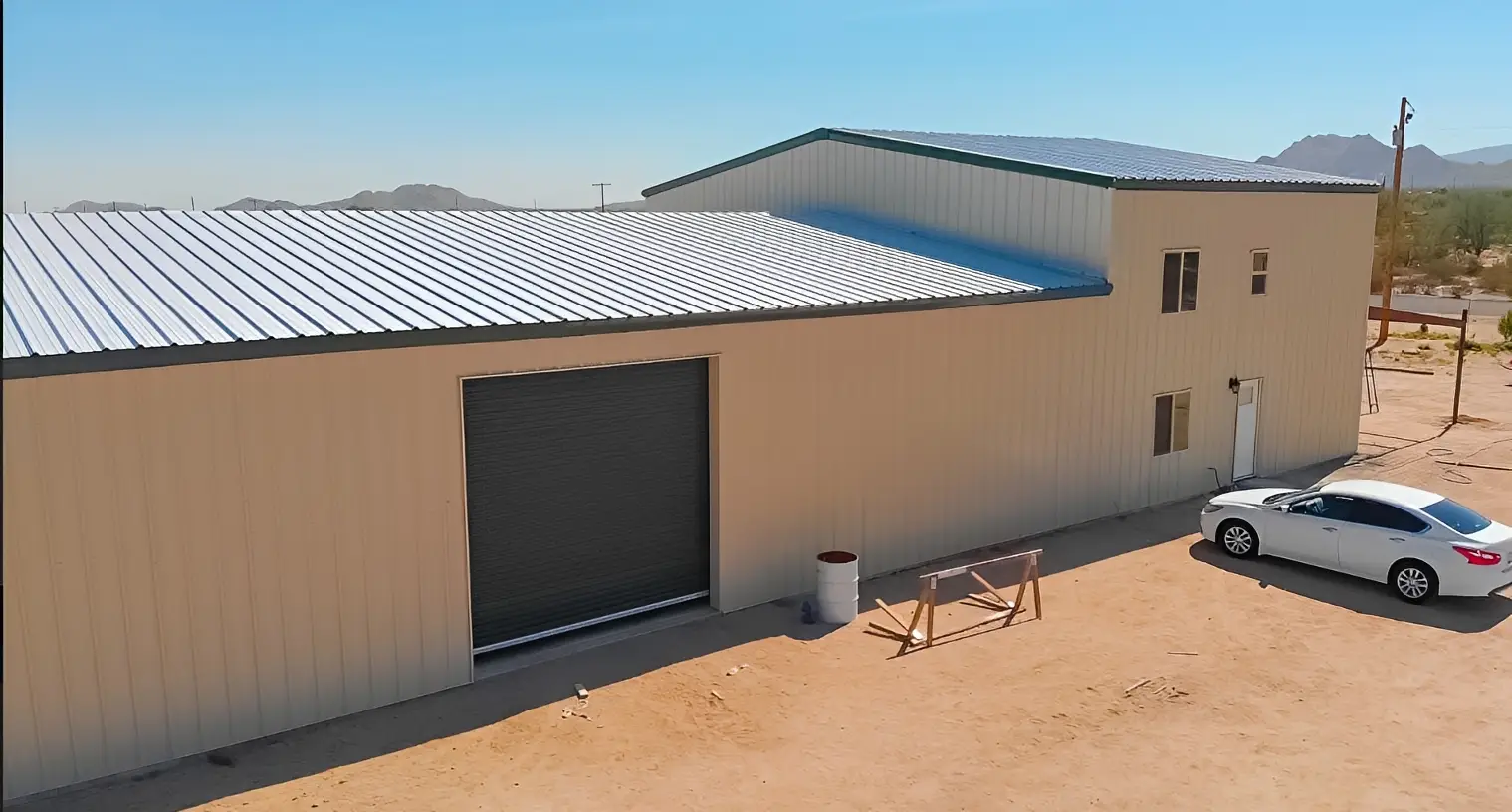 Large industrial building in arid landscape
