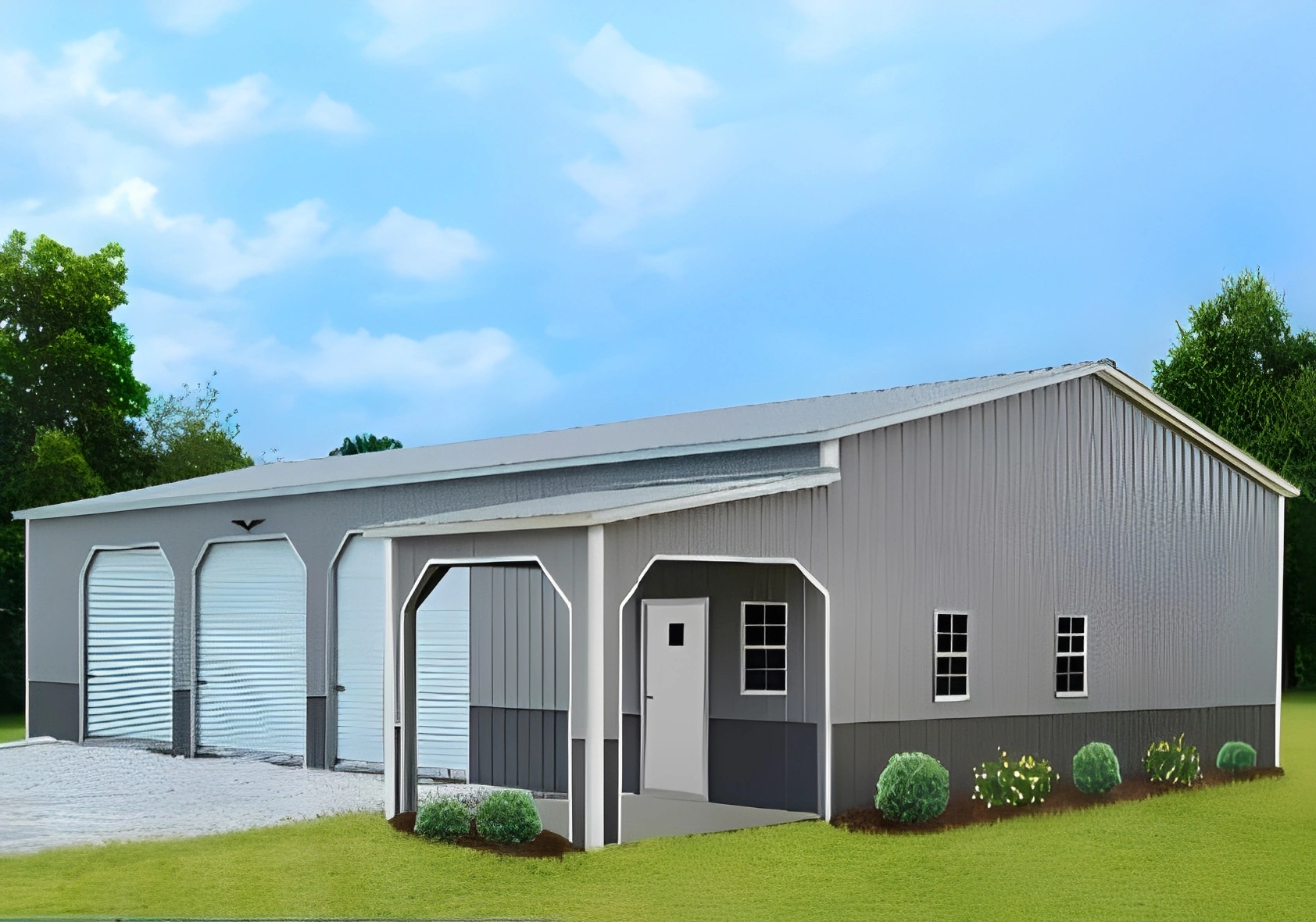 Large steel building with greenery