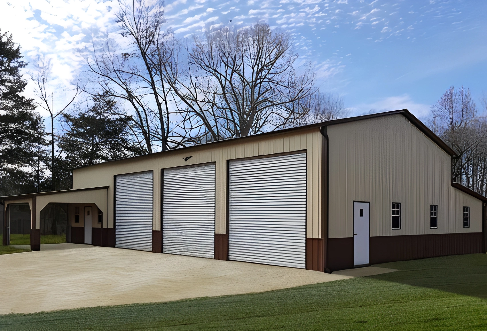 Modern warehouse exterior with roll-up doors