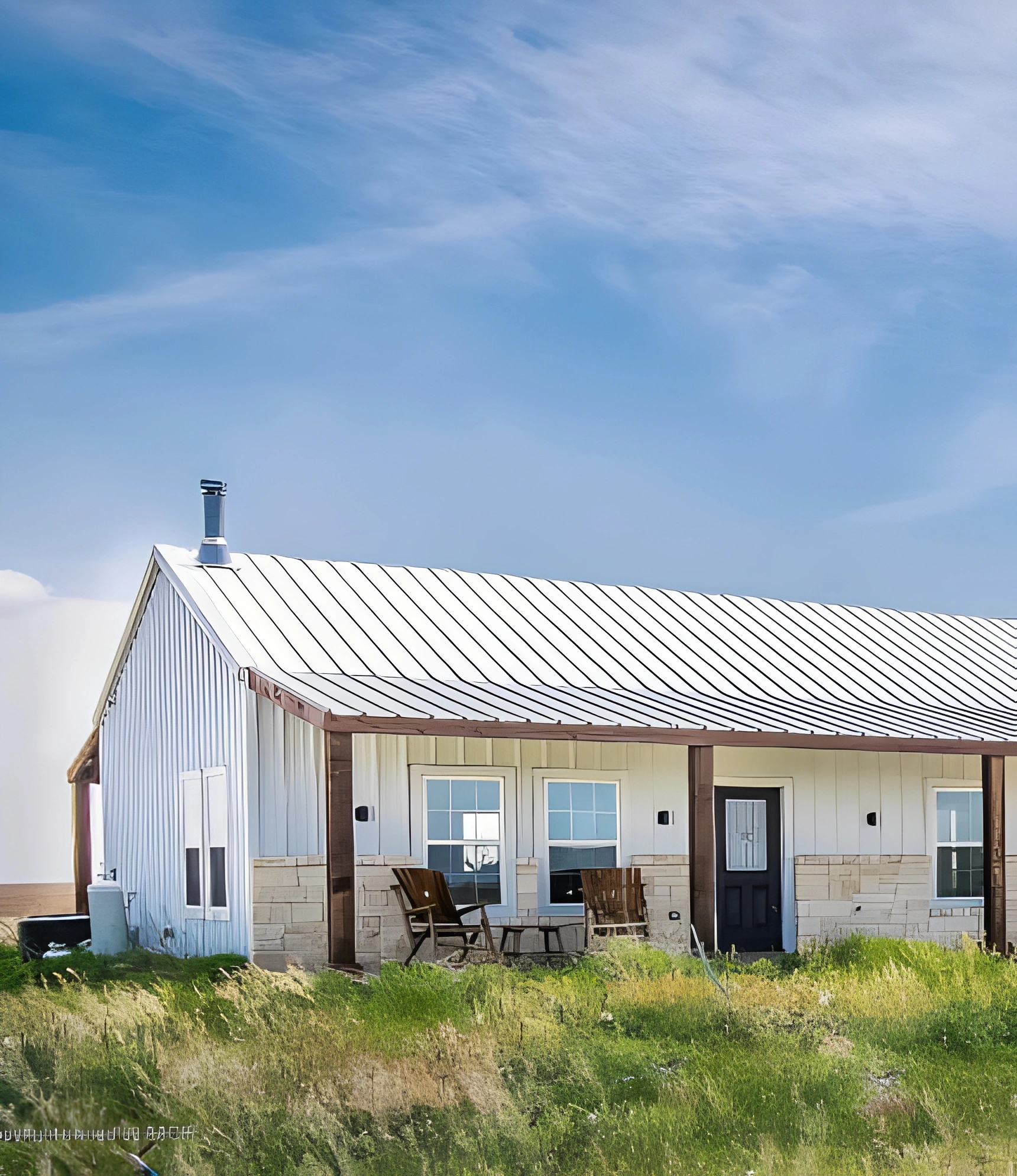 White house with metal roof and chairs
