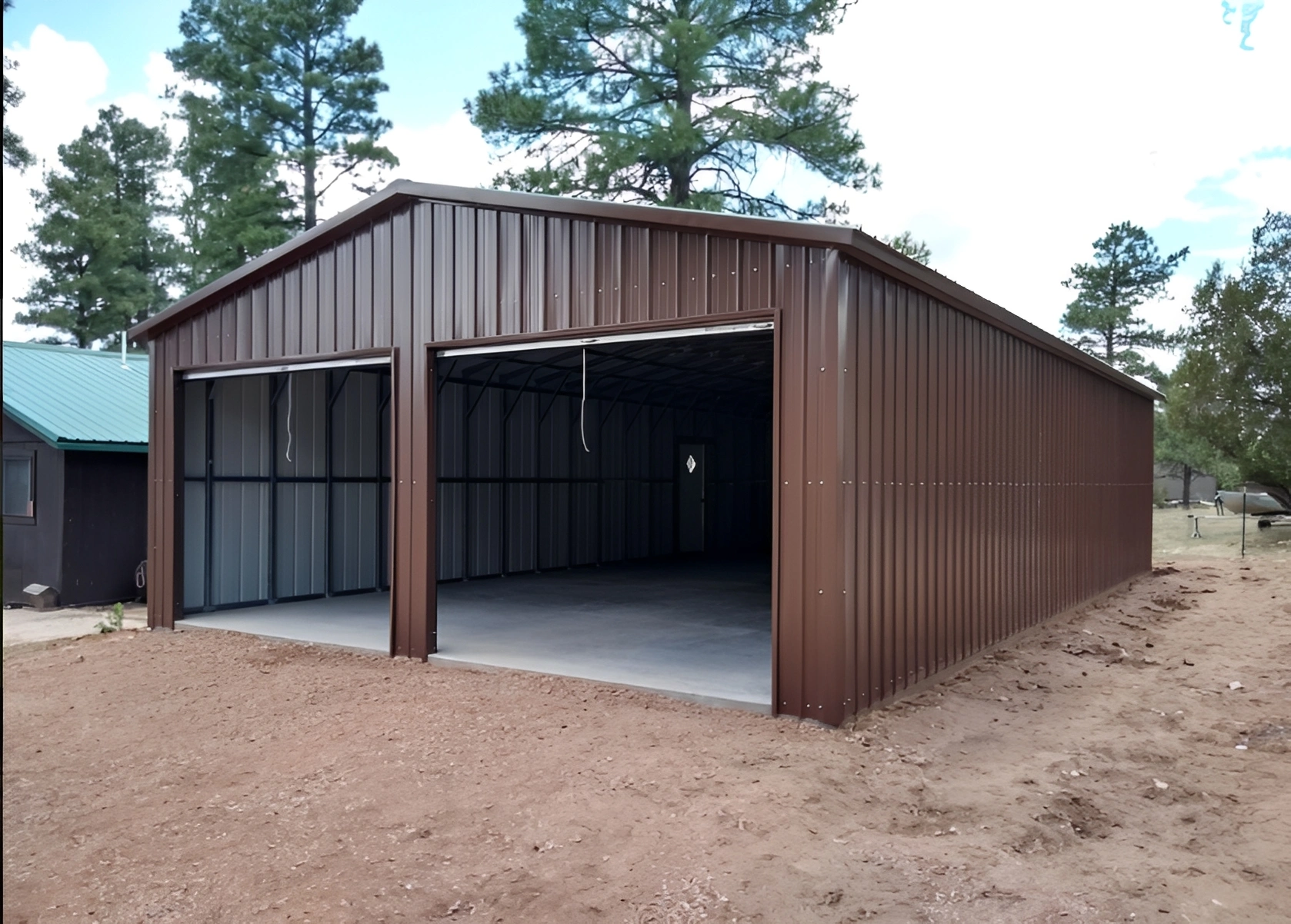 Metal garage with open doors