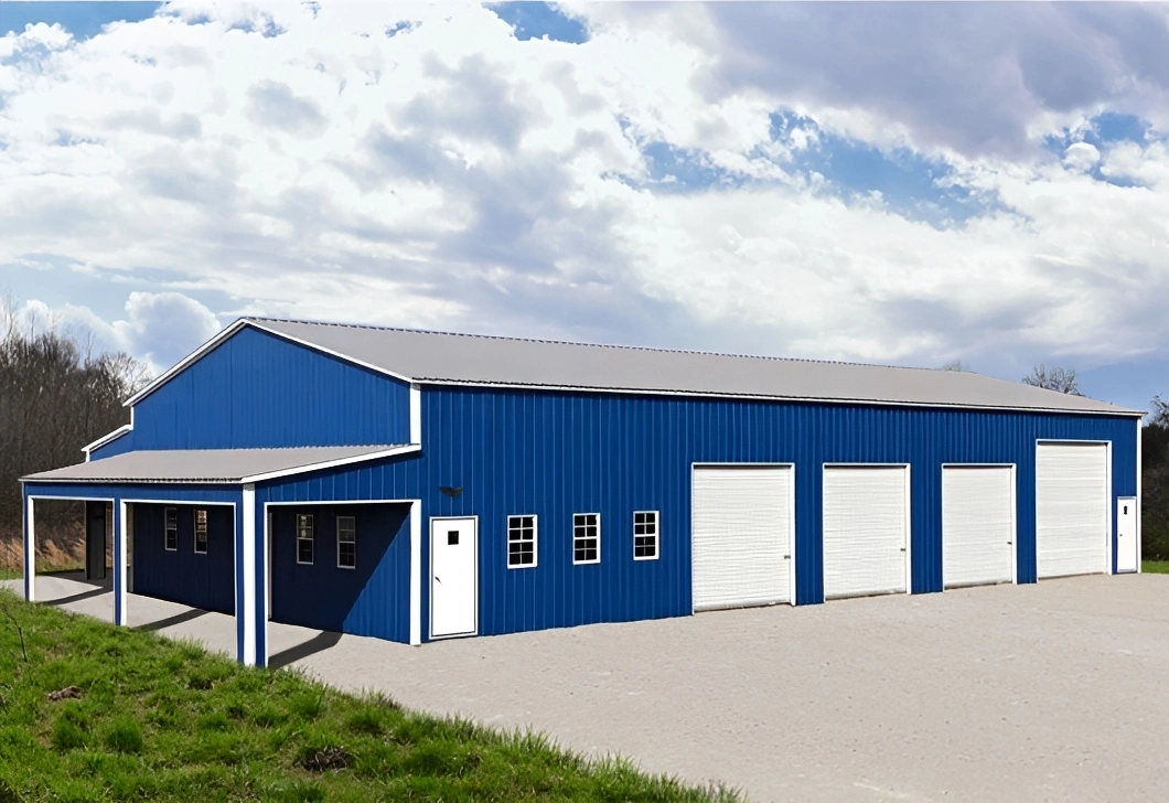 Blue metal building with garage doors
