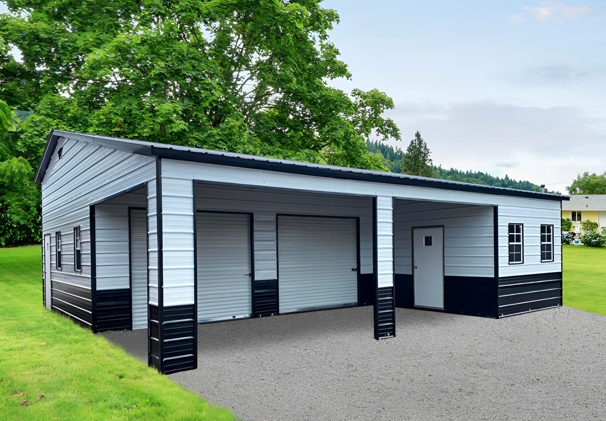 Modern garage with three roll-up doors.