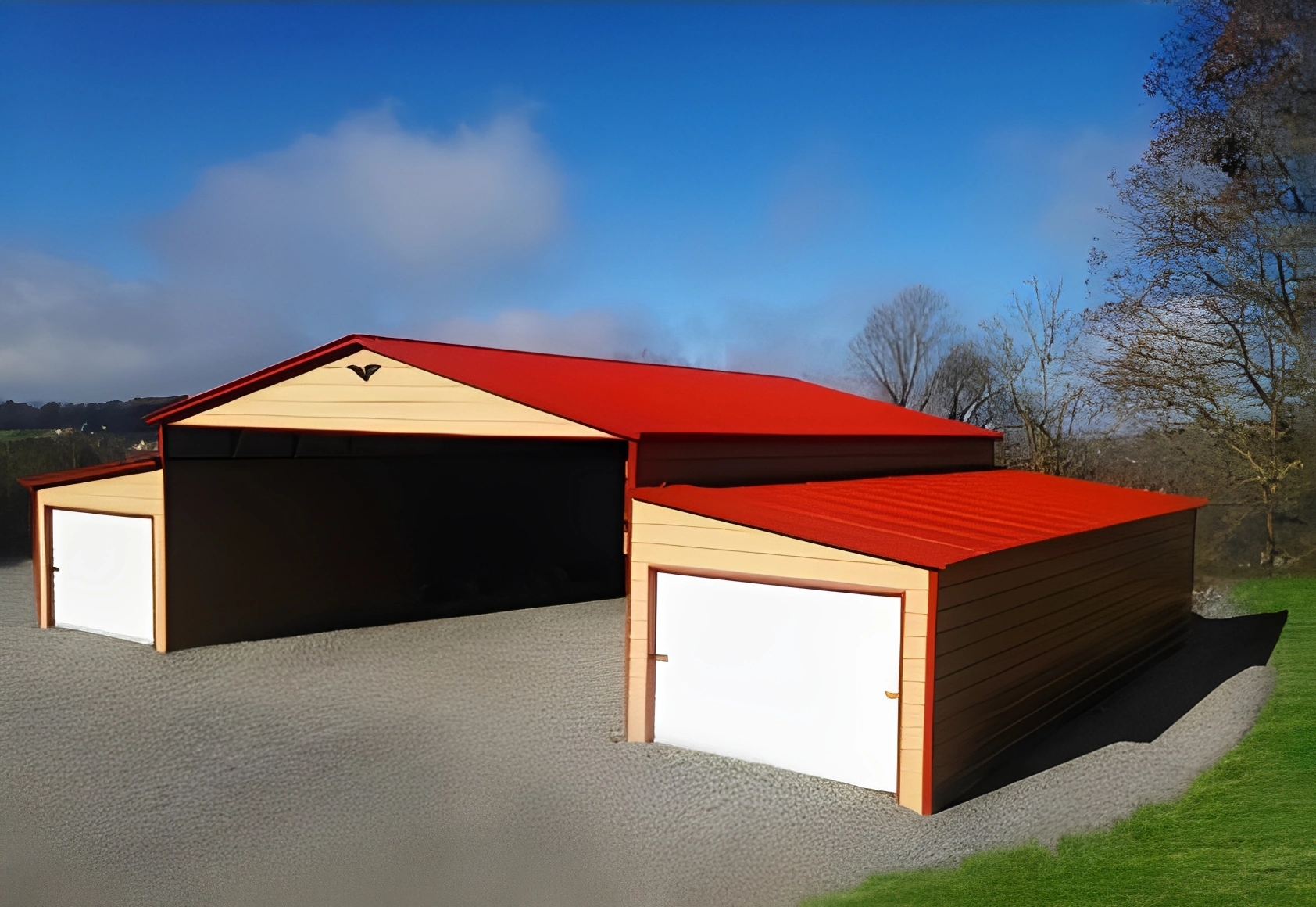 Barn and garages on gravel lot