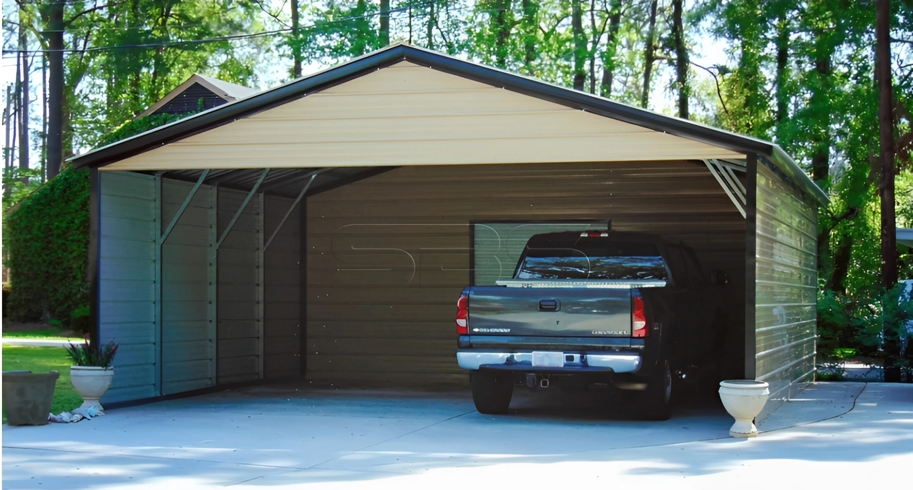 Metal carport shelter with truck