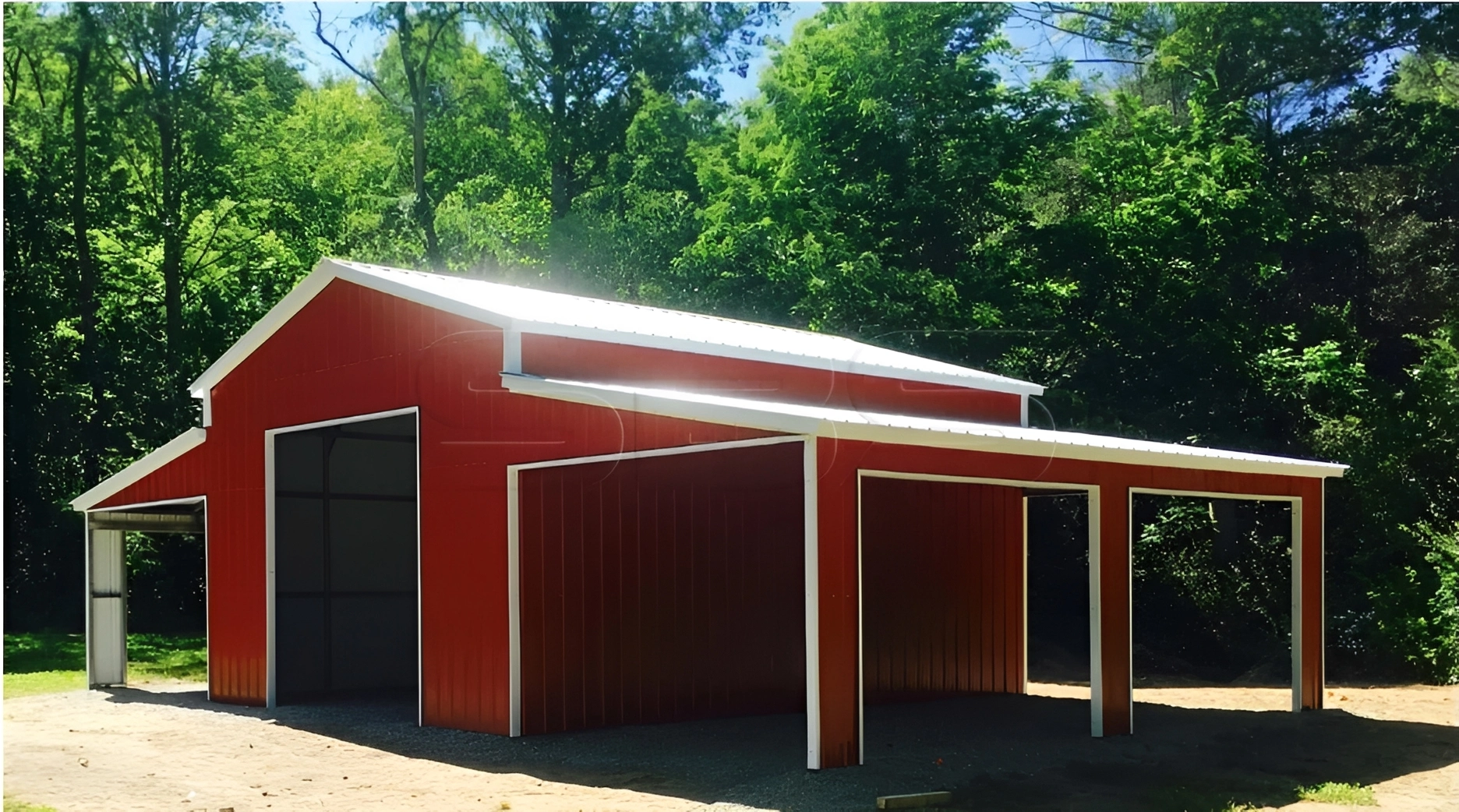 Large red barn with open garage bays