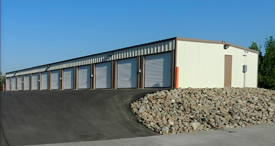 Self-storage facility with gravel pile