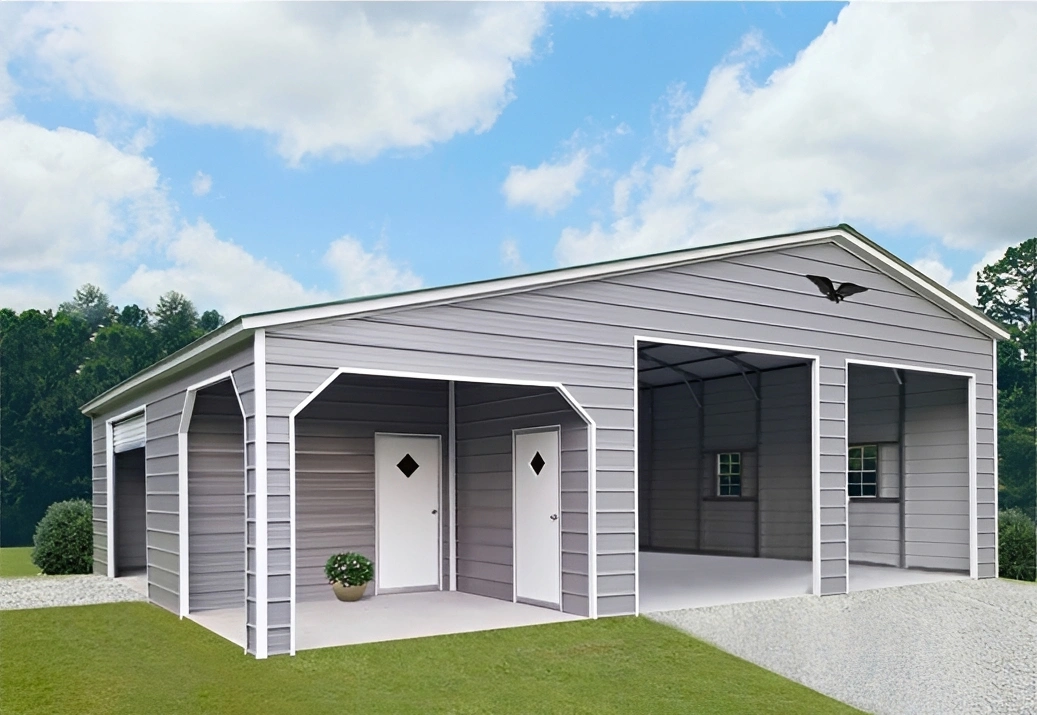 Gray metal carport with open and closed sections.