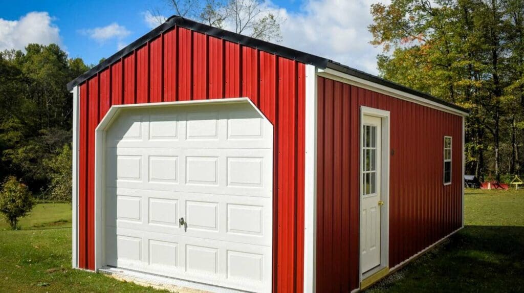 Red metal garage with white door