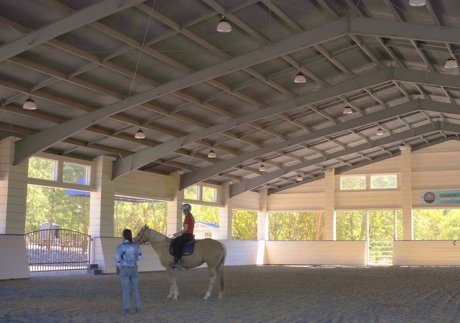 Indoor equestrian training session with horse.