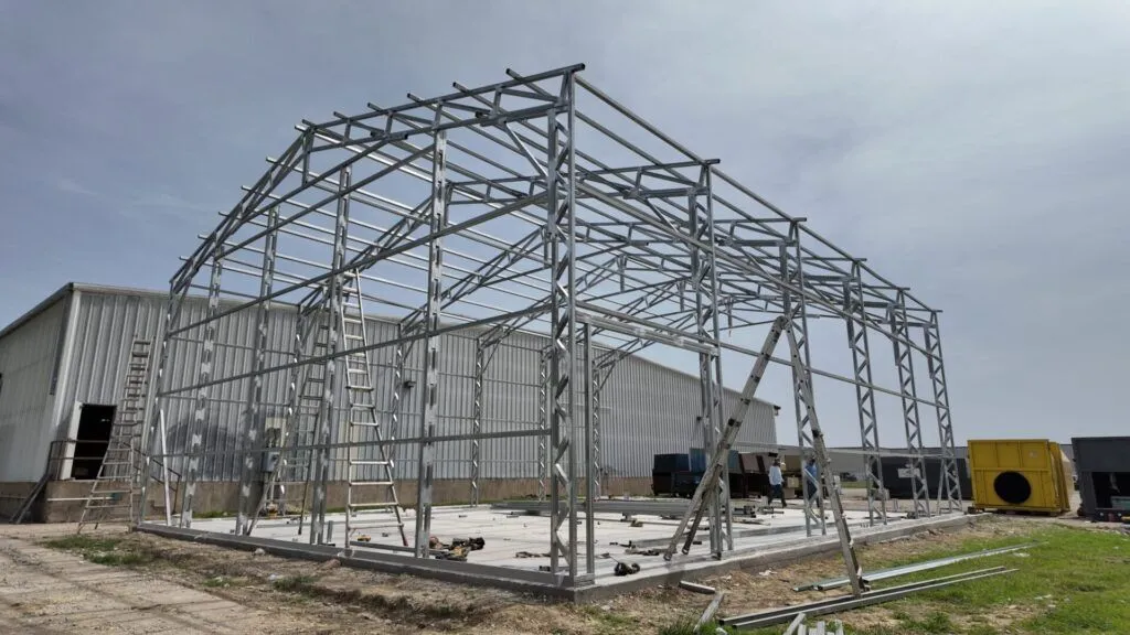 Steel frame of a building under construction.