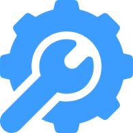 Blue gear with wrench icon inside.