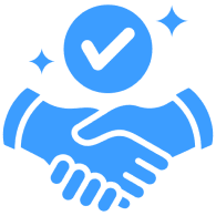 Handshake with checkmark icon, blue color.