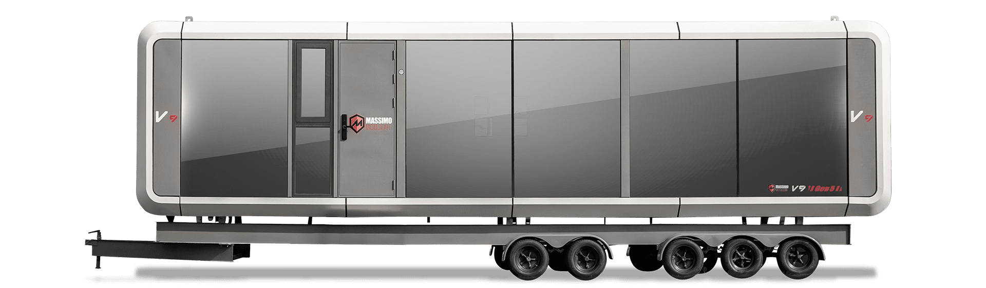 Sleek, modern trailer with glass panels.