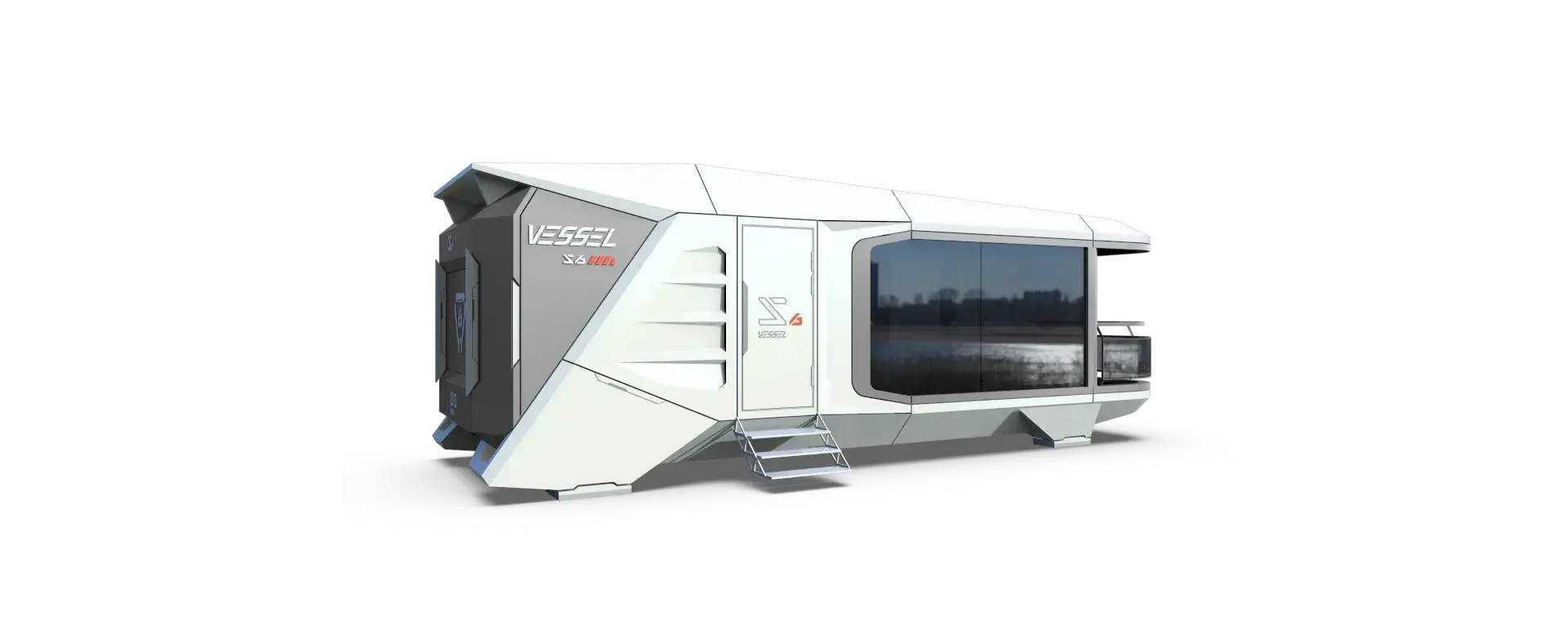 Futuristic mobile home with large window.