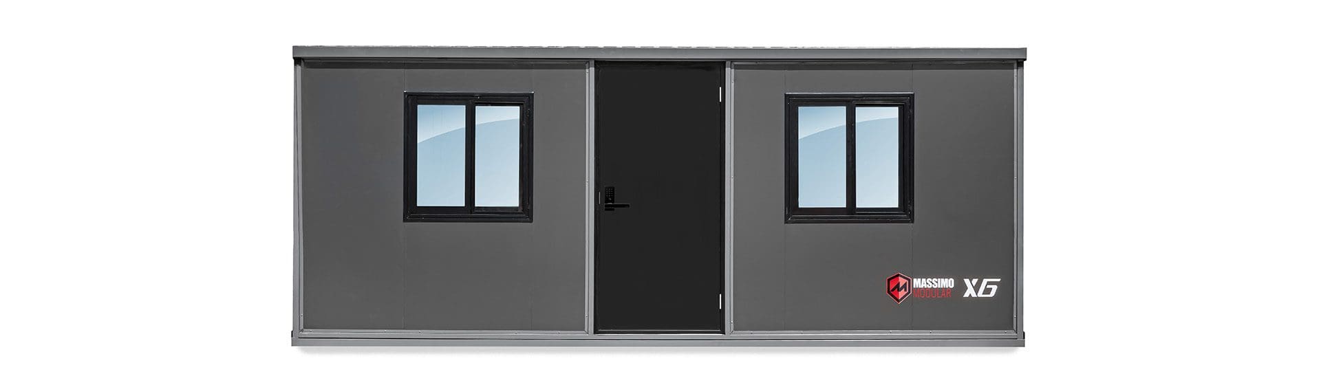 Gray portable building with two windows.
