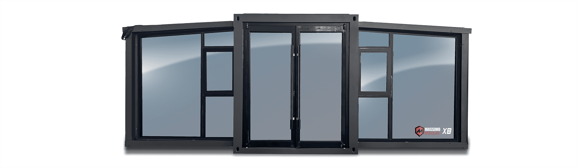 Black-framed sliding glass doors and windows.