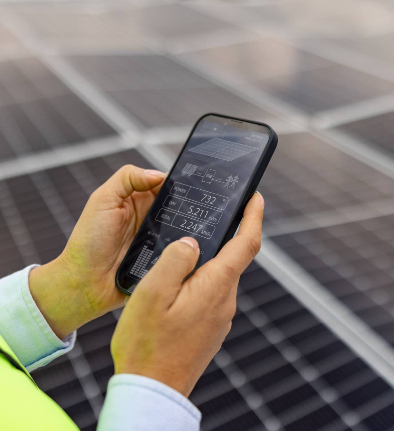 Person checking solar panel data on phone.