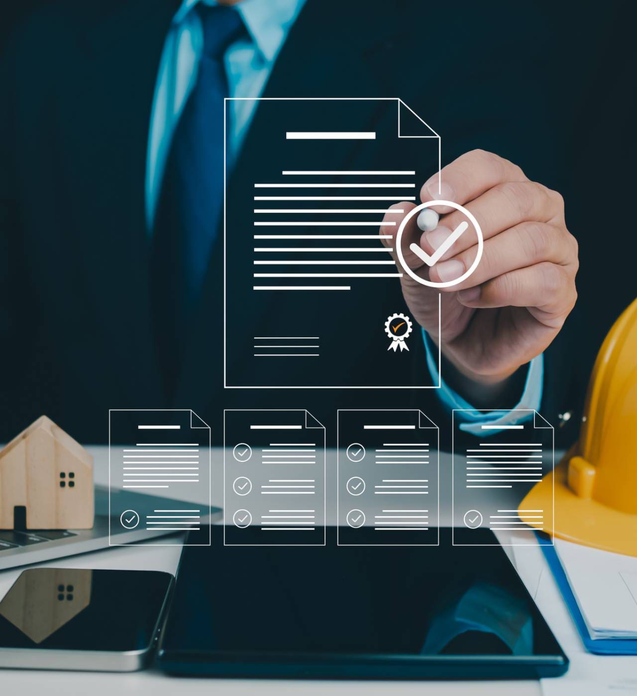 Businessman reviewing digital documents and contracts.