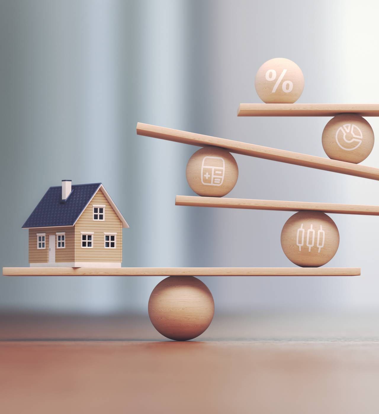 Balancing home and financial symbols on scales.