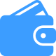 Blue wallet icon on black background.