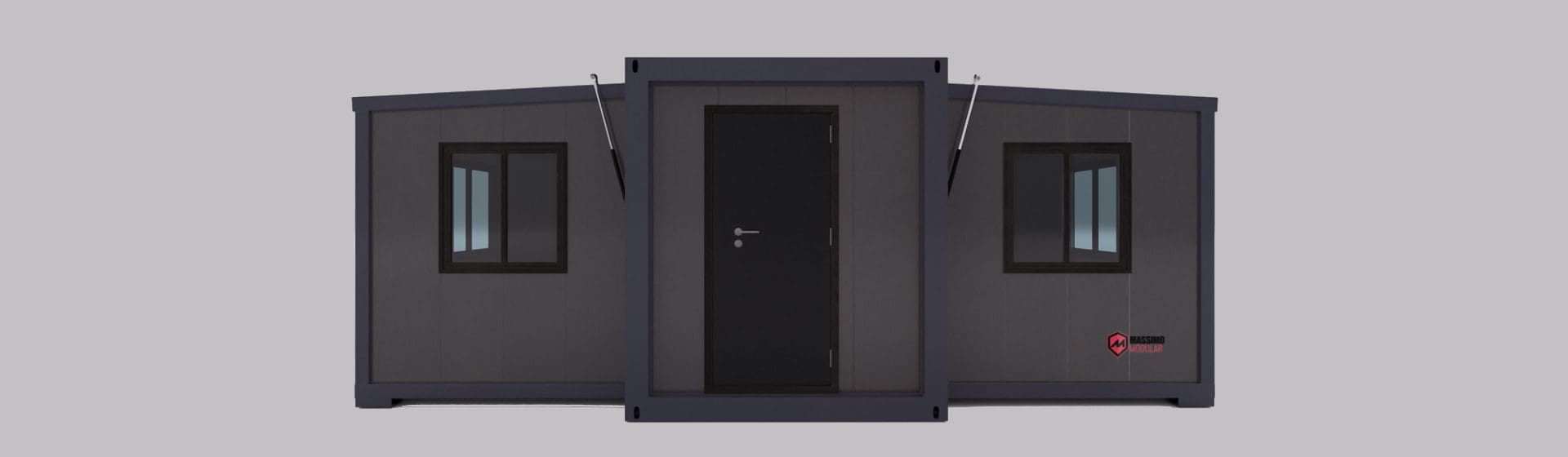 Modular gray building with two windows.