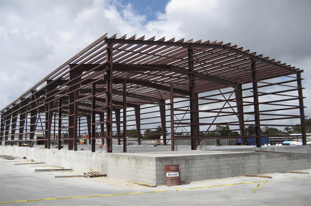 Steel structure of a building under construction.